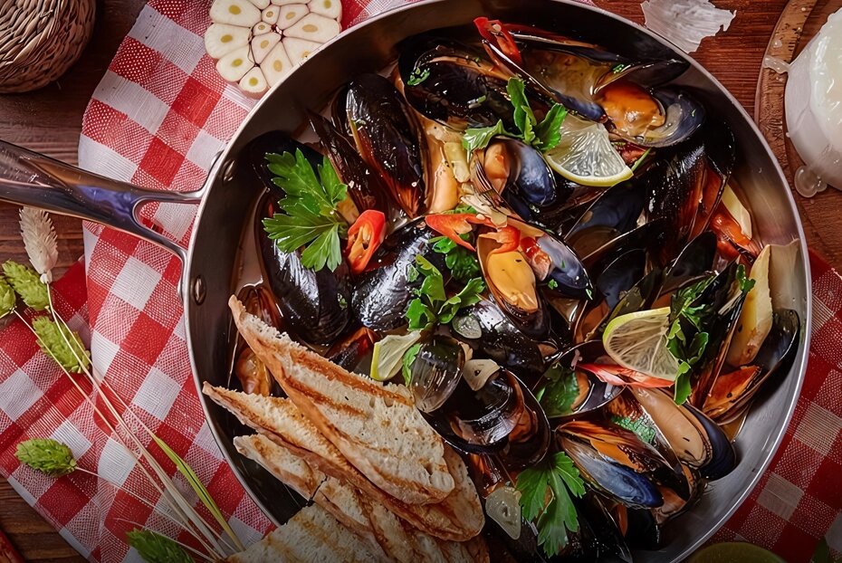 Вкусные мидии в пикантном томатном соусе